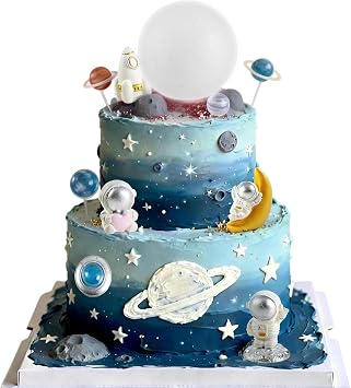 Moon Cake topper,6Pcs Space Astronauts Diy Cake Decoration, 3D Soft light Moon Cake Topper for Children Space-Themed Decoration Birthday Party Supplies, Cake Decoration White