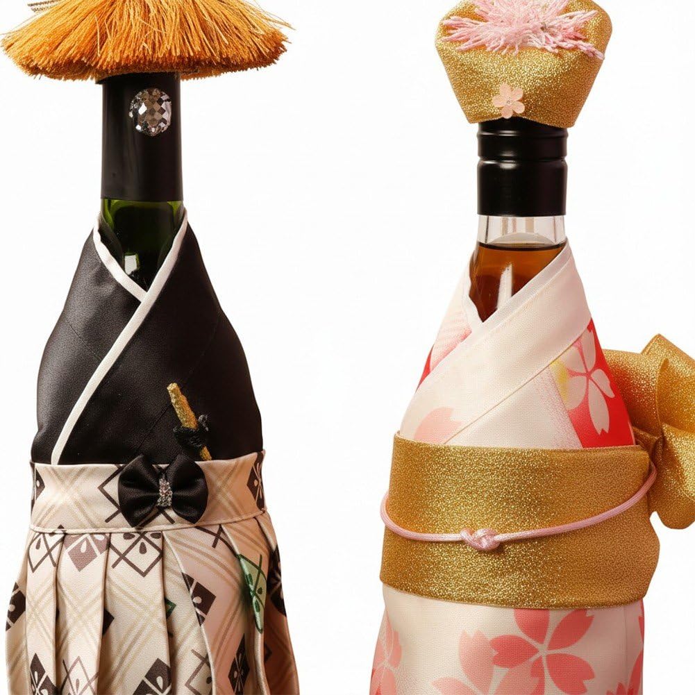 Lot De 2 Housses De Bouteille Créatives De Style Kimono Japonais avec Chapeaux, Idéales pour Décorer Une Bouteille De Vin Ou De Champagne.