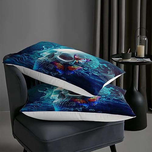 Miniatura 6 de AILONEN Juego de edredón de calavera, tamaño Queen, juego de ropa de cama 3D de calavera con salpicaduras de agua azul para niños y niñas,