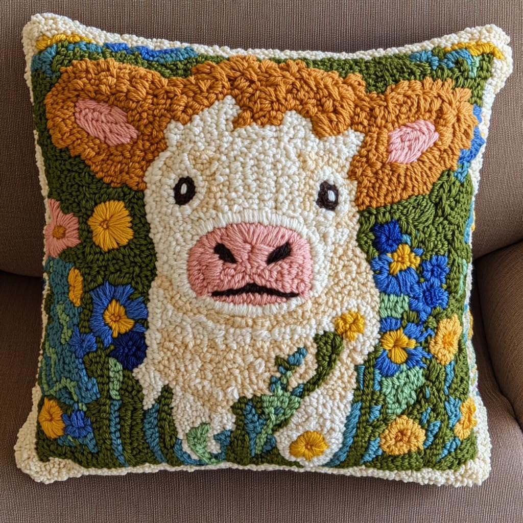 DIY Punch Needle Pillow Kit Cute Highland Cow and Wild Flowers with Pattern and Hoop Handmade Embroidery Punch Needle Starter Pillowcase Set for Home Sofa Decor 43x43cm-1-7