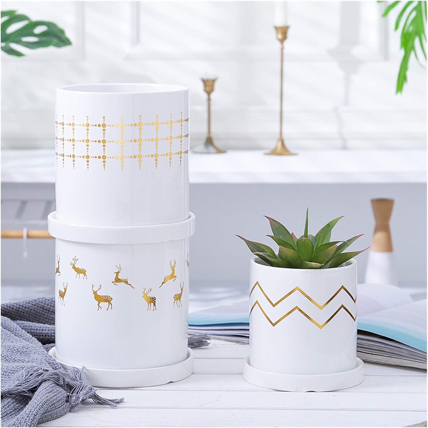 Flower Pot Round Plant Pot Ceramic Flower Planters Indoor Modern Succulents Containers with Drain Hole Saucer Decorate Home Office Outdoor House Plants，E