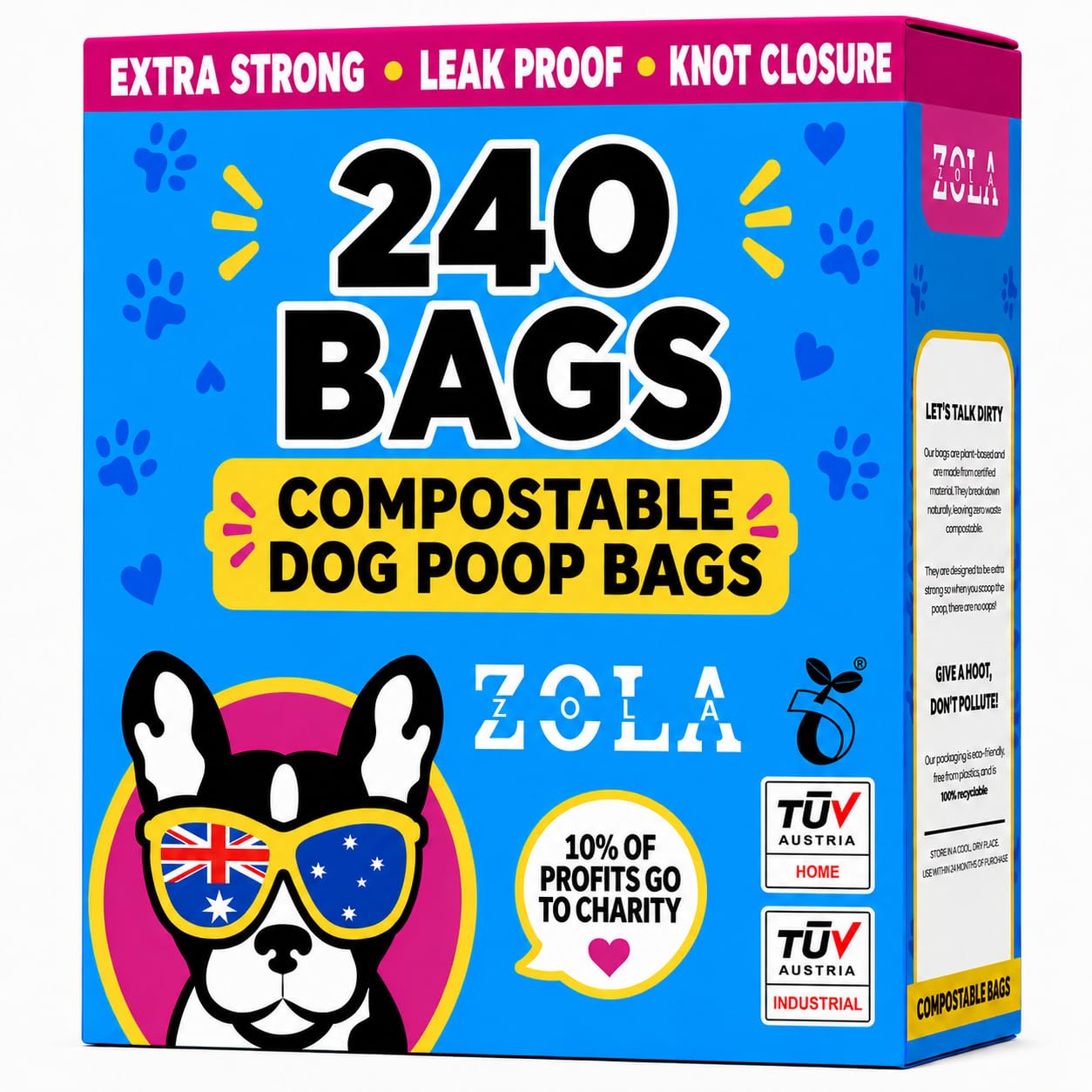 Sacchetti per cani compostabili al 100%, extra forti, a prova di perdite ed ecologici, 240 sacchetti grandi (23 x 32 cm) a base vegetale, certificati TÜV, senza plastica, rotoli blu per
