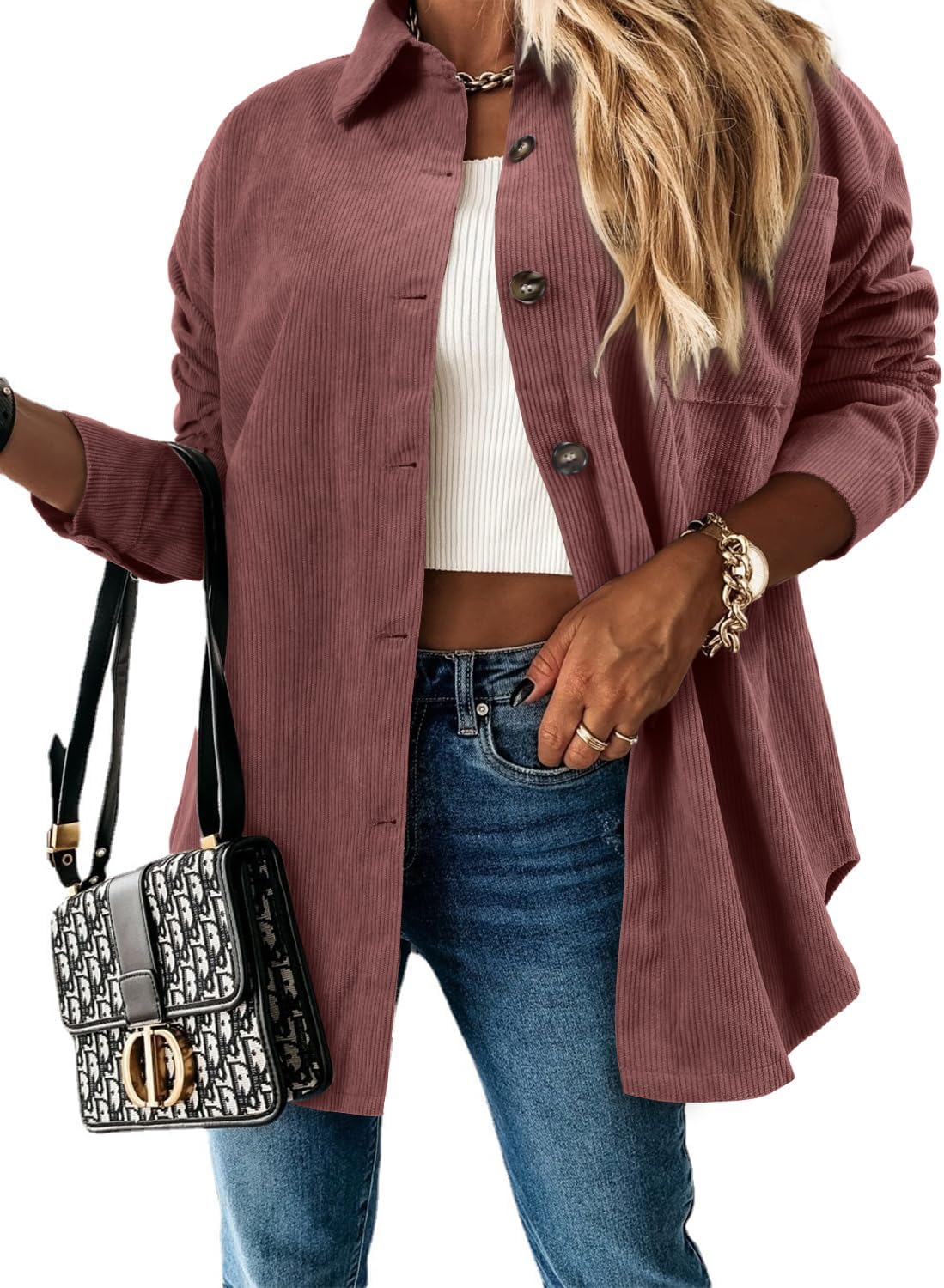 ZOLUCKY Womens Shackets Jacket Plus Size Long Sleeve Button Down Shirts Blouses Tops - Image 2