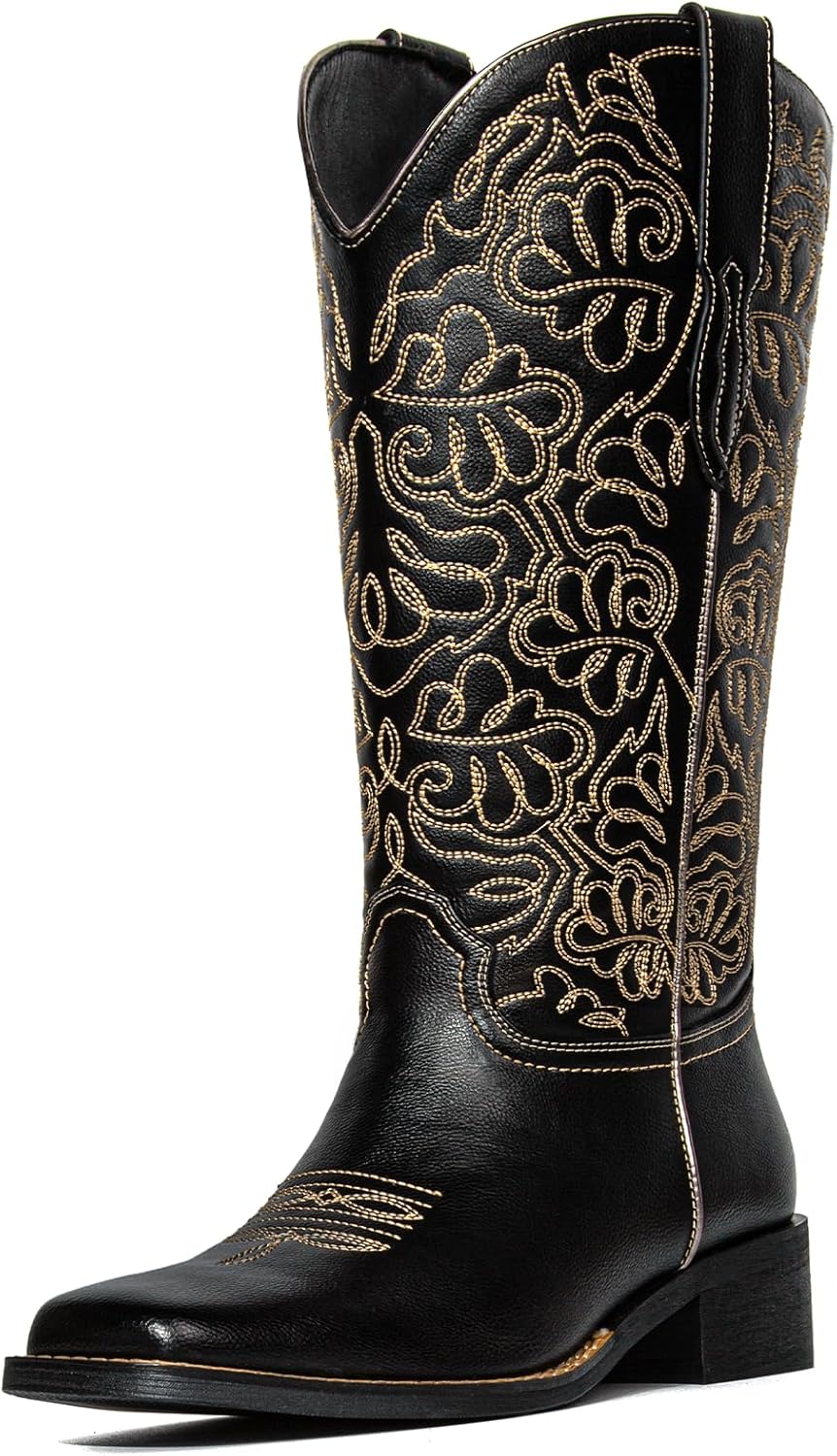 Western Cowboy Boots for Women Embroidered Square Toe Pull on Cowgirl Boots Women Chunky Heel Fashion Mid Calf Fall Boots for Country Music Festival