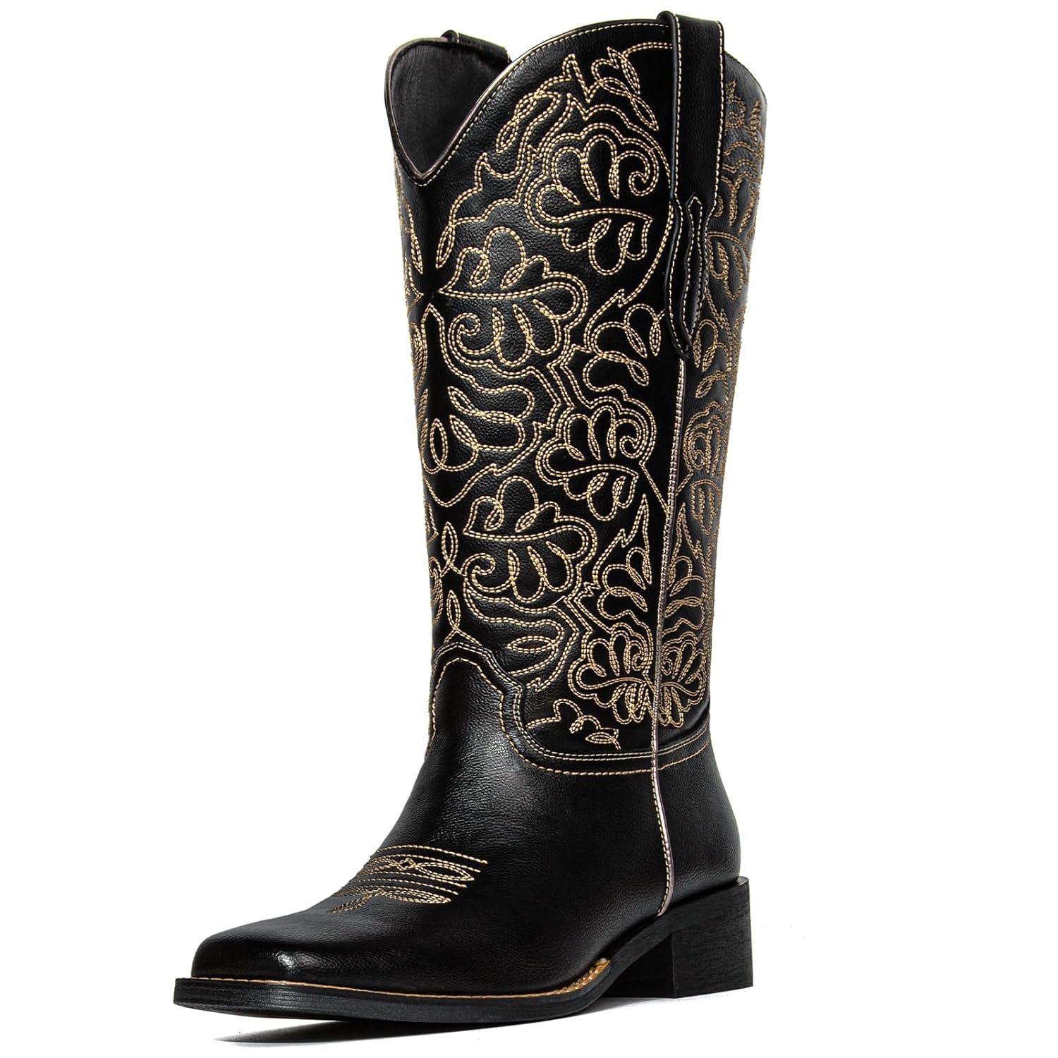Western Cowboy Boots for Women Embroidered Square Toe Pull on Cowgirl Boots Women Chunky Heel Fashion Mid Calf