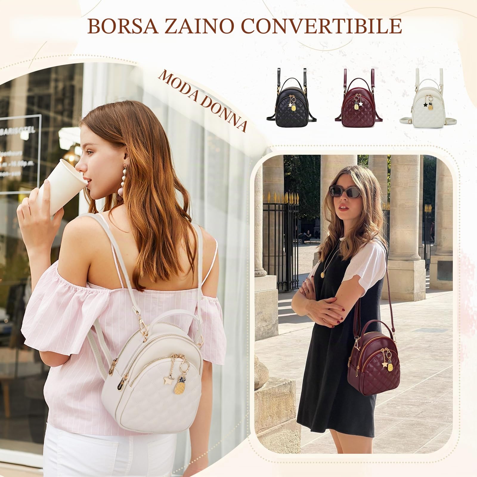 Mini borsa zaino, zaino convertibile piccolo in pelle PU trapuntata moda VONXURY per donne e ragazze