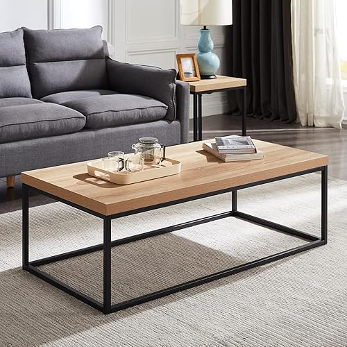 CENSI Mesa auxiliar de roble natural de 47 pulgadas para sala de estar, moderna mesa central rectangular industrial de madera y metal con mesa extra