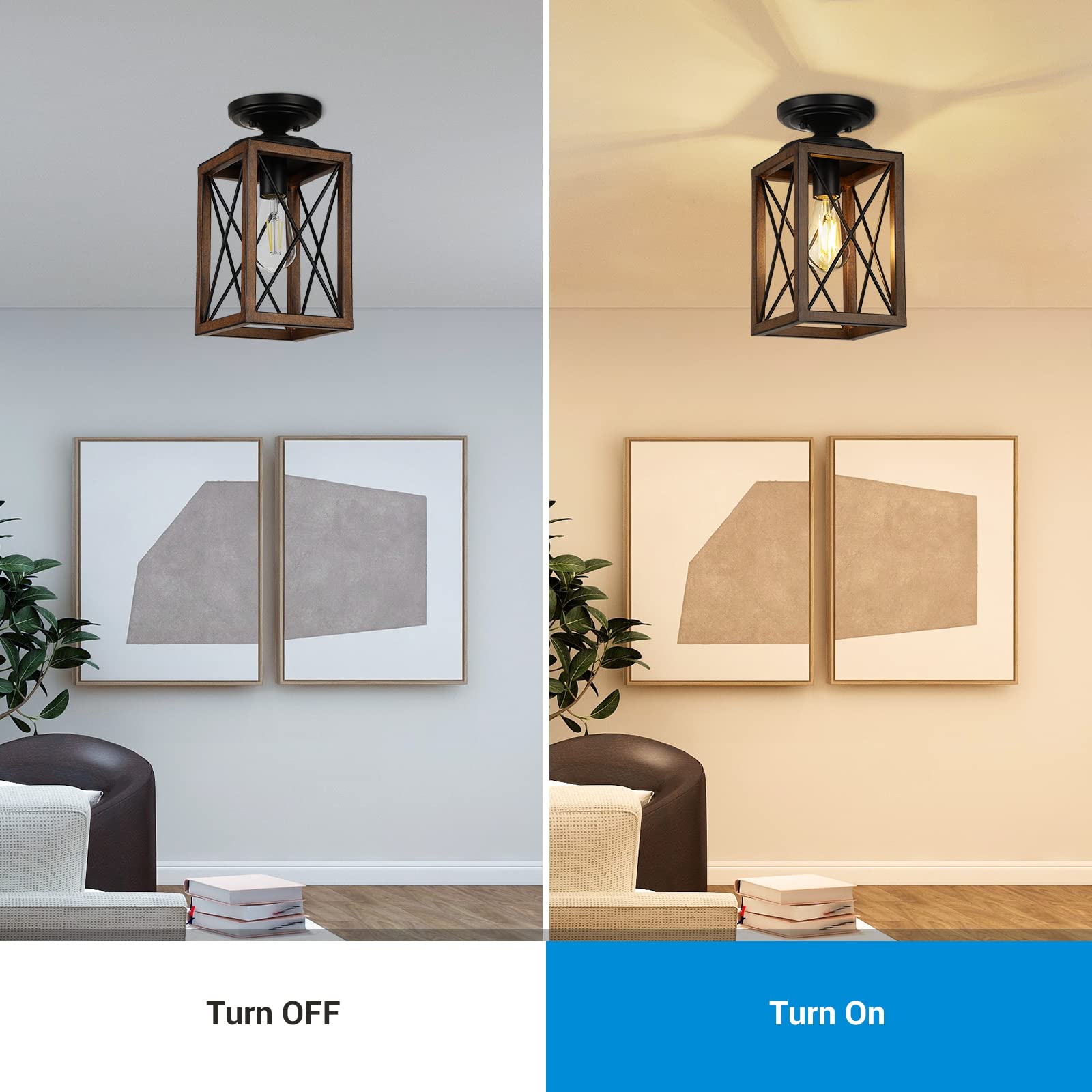 EDISHINE Farmhouse Flush Mount Ceiling Light, Farmhouse Light Fixture Metal with Wood Grain Finish, Rustic Light Fixtures Ceiling for Hallway, Entryway, Kitchen, Foyer, E26 Base