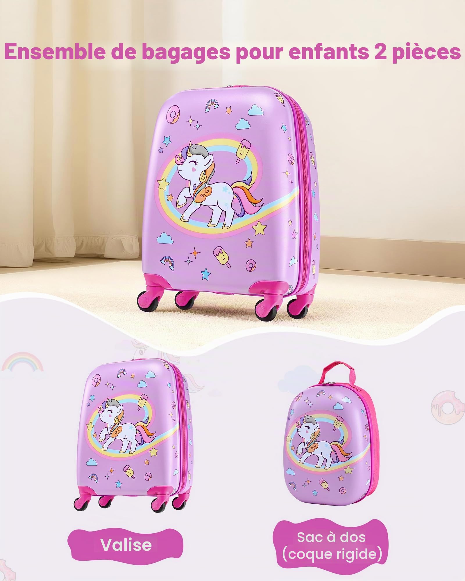 VEVOR Valise Enfant 32x23x45 cm Bagage Enfant 2 PCS avec Valise Cabine à roulettes Pivotantes pour Enfants Fille Garçon et Sac à Dos Coque Rigide Motif Licorne, Approuvée par Compagnies Aériennes