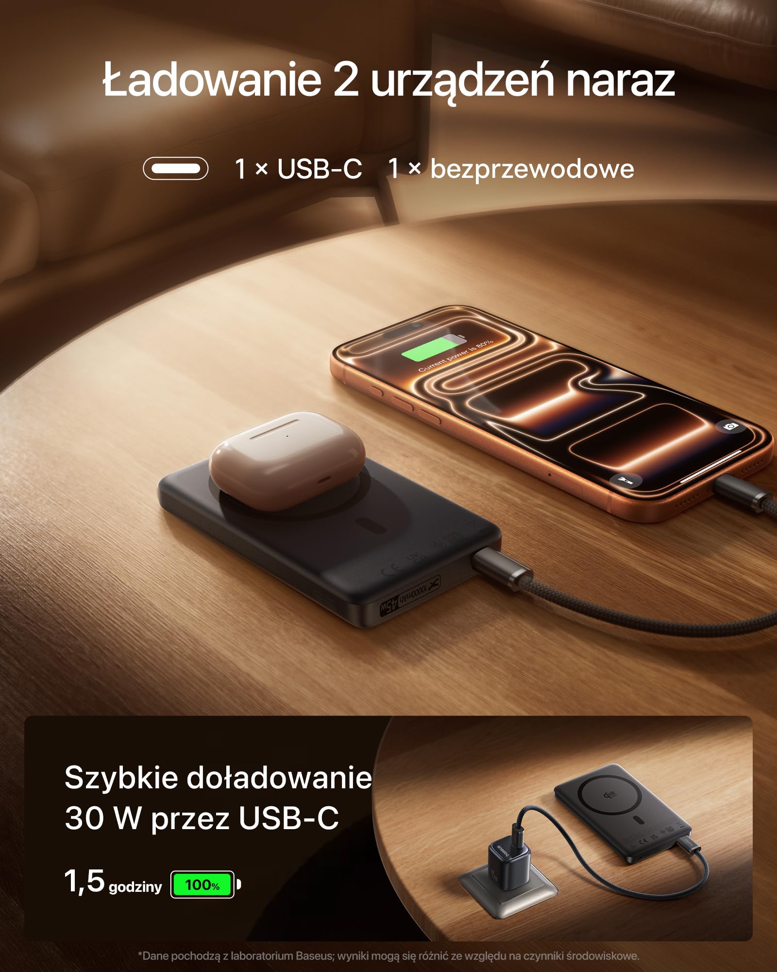 Baseus PicoGo AM52 Power bank, Qi2.2 Magsafe Powerbank 10000 mAh, ultraszybkie ładowanie bezprzewodowe 25 W, szybkie ładowanie PD 45 W, magnetyczna bateria zewnętrzna do iPhone'a 17/16 Pro Max, czarna