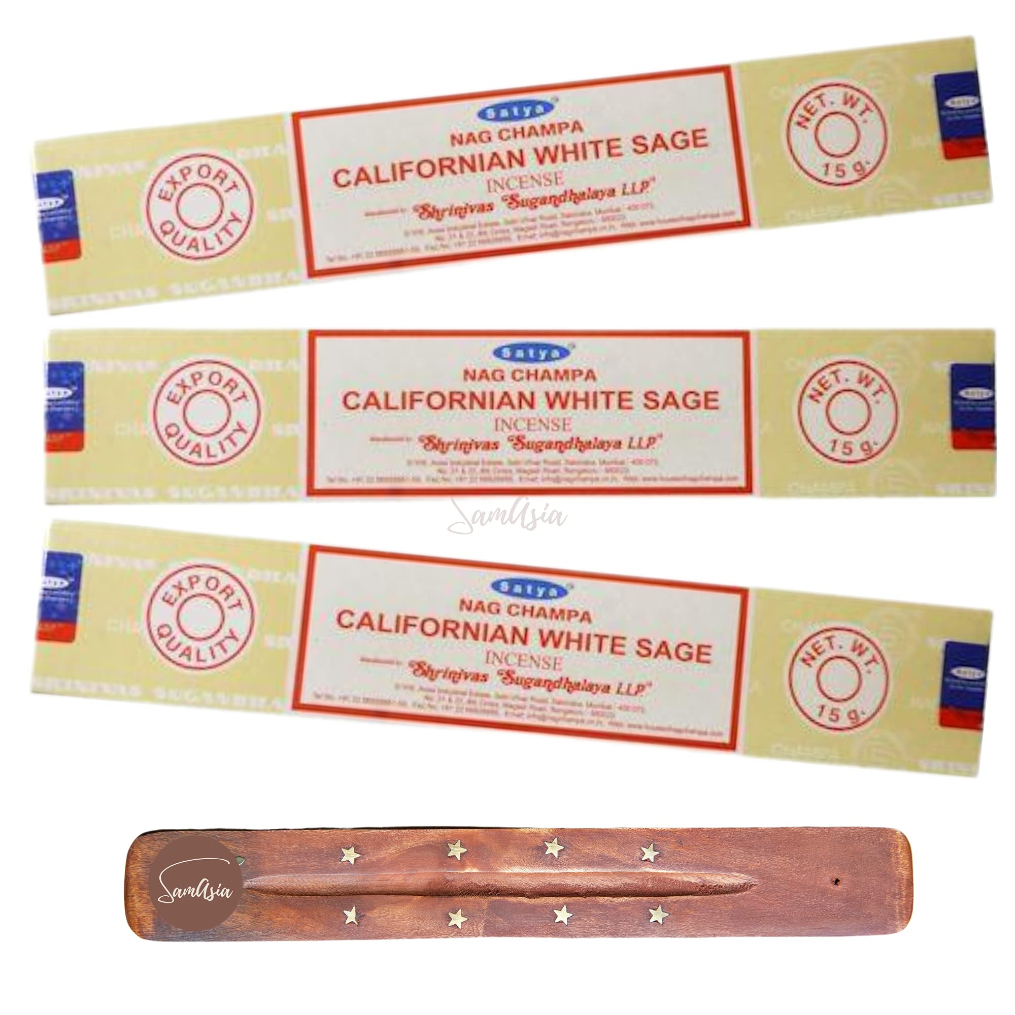 Satya Nag Champa Californian White Sage Incense Sticks | x3 pack | with SAMASIA incense holder | Used for Aromatherapy, Meditation and Relaxation