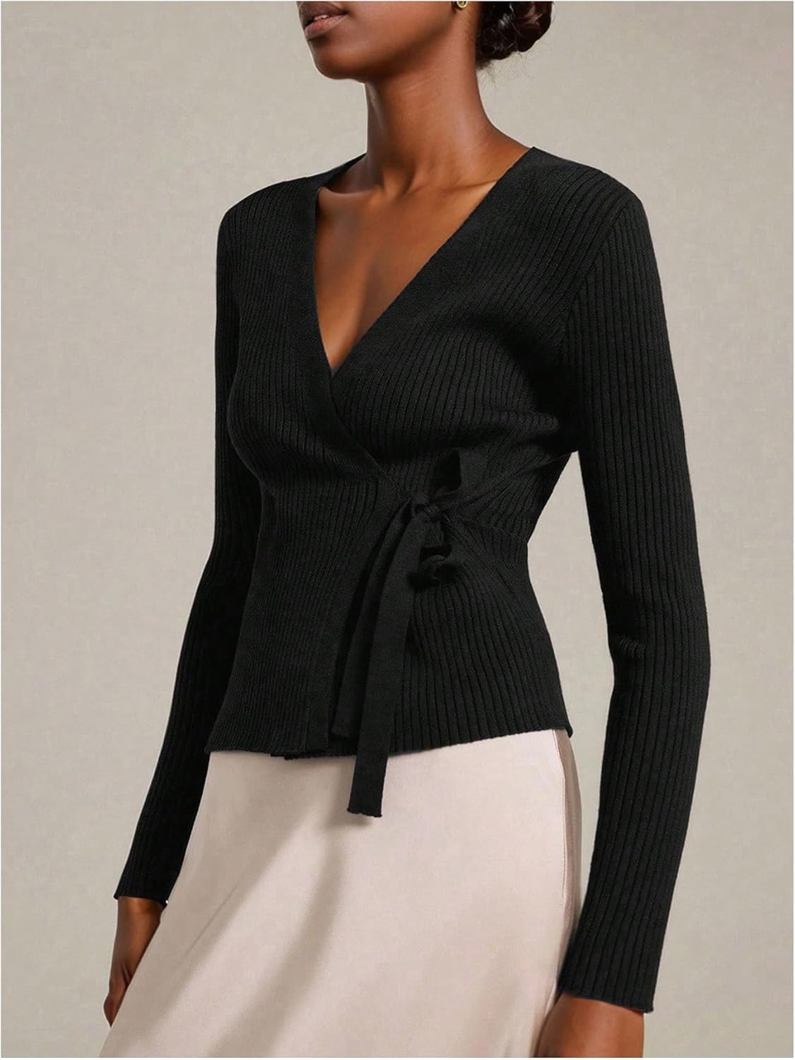 SweatyRocks Women's Wrap V Neck Tie Waist Cardigans Cozy Fitted Ribbed Knit Lightweight Sweater - Image 3