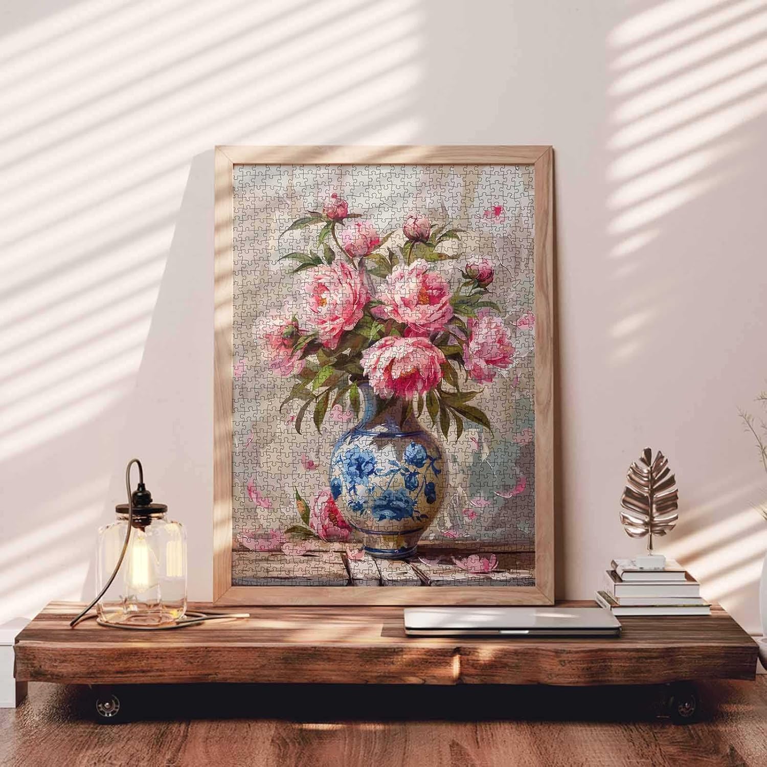 Celadon Oil Bouquet Flower Puzzles for Adults 1000 Pieces,Colorful Flower Puzzle,Fine Art Jigsaw Puzzles Pink Peony Chinese Style Vase Painting,Floral Hard Challenging Classical Painting Puzzles