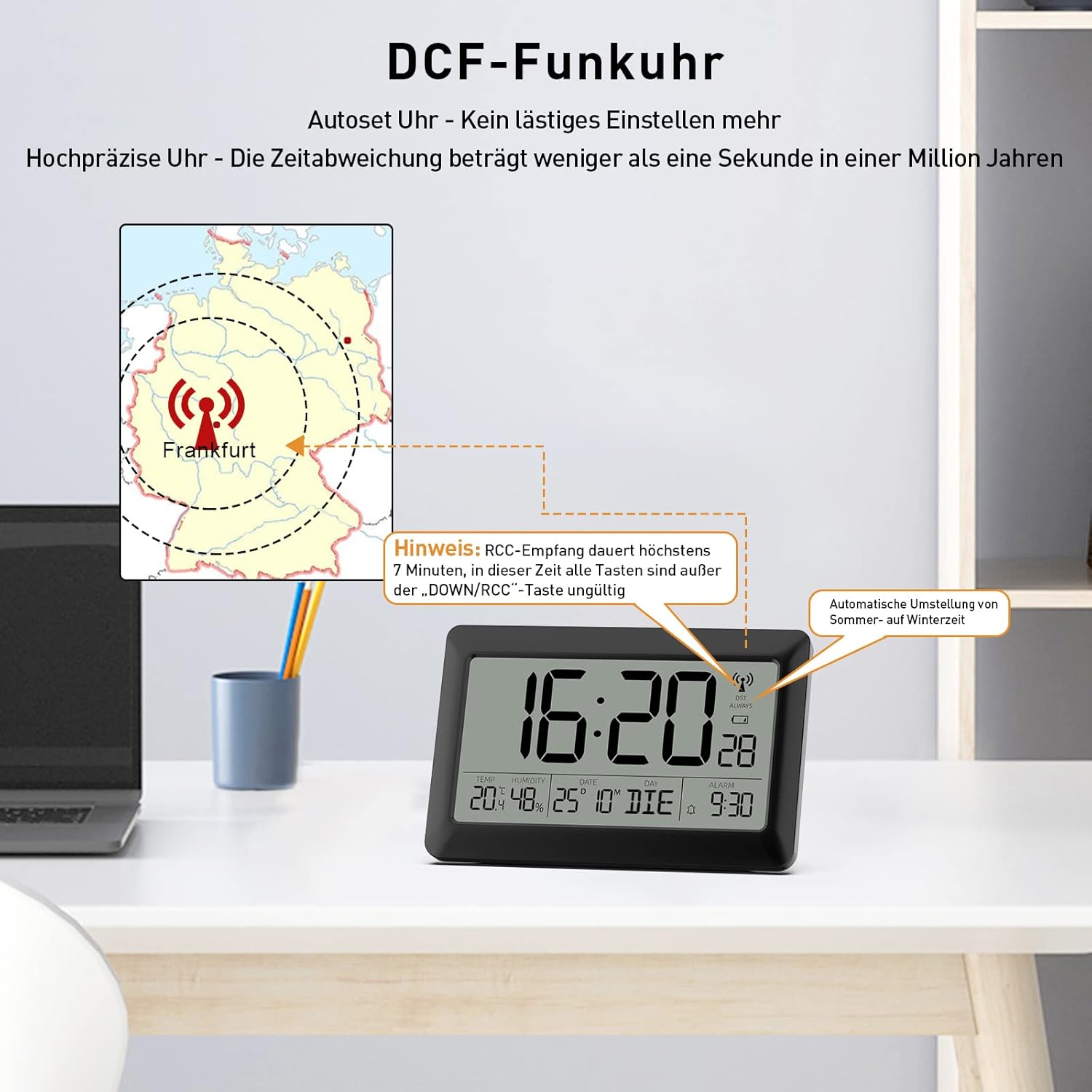Illustration of the LATEC Digital Wall Clock receiving DCF-77 radio signal from Frankfurt, Germany, with a note about the 7-minute reception time and automatic summer/winter time adjustment.