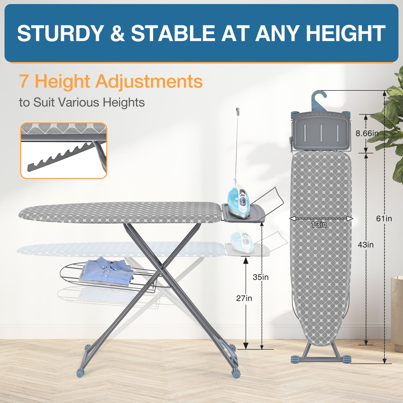 APEXCHASER Ironing Board, Space Saver Ironing Boards with Iron Rest, 13x43 Blue and Grey