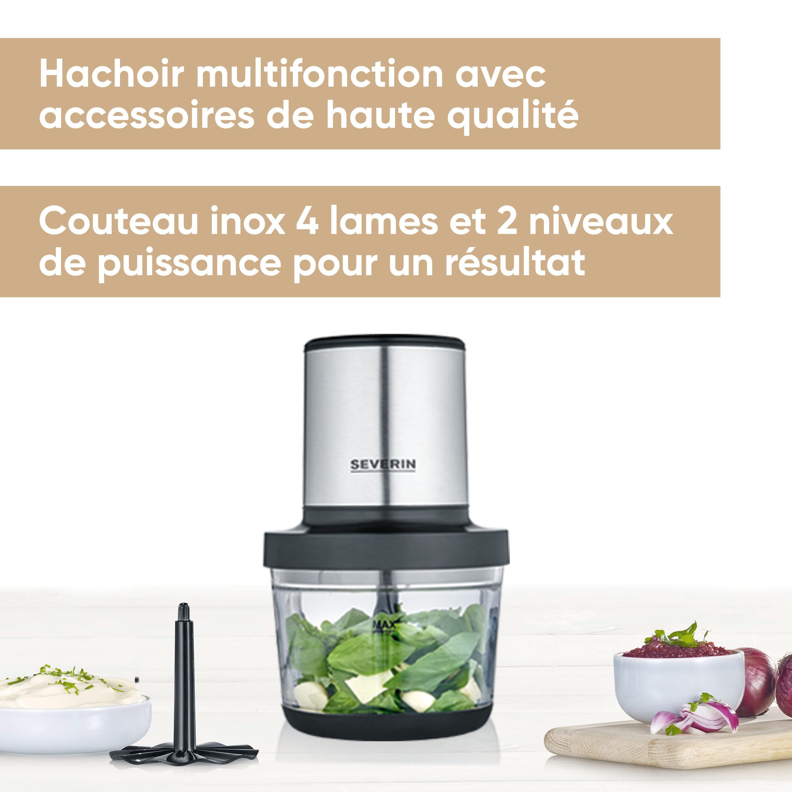 SEVERIN Hachoir électrique 400 W multifonction d'une capacité d'1 Litre, garanti sans BPA, Hachoir à viande, oignons, herbes, fromage, etc., Broyeur universel, noir mat/inox, KM 3867
