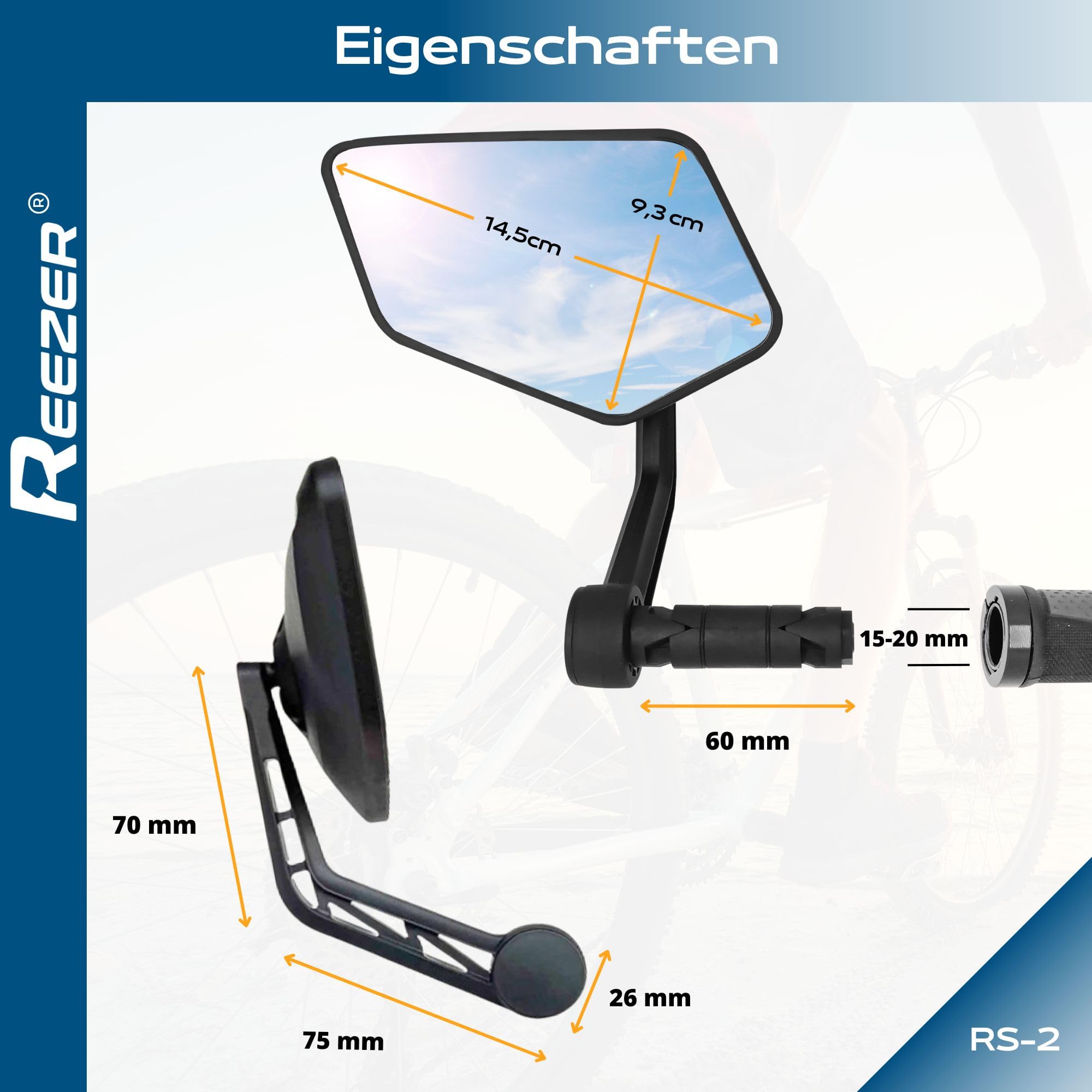 REEZER RS2 - Fahrradspiegel links mit extra großer Spiegelfläche - 360° verstellbarer Fahrrad Spiegel für E-Bike & E-Scooter Lenker -SET-