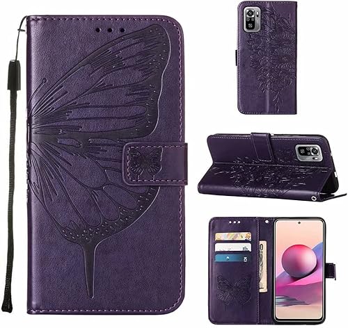 ZXL Compatible con Xiaomi Redmi Note 10S Funda tipo cartera con tarjetero de mariposa en relieve de cuero con tapa protectora de cuero PU con