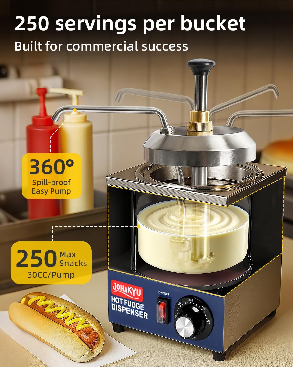 JOHAKYU 2.8Qt Commercial Nacho Cheese Dispenser with Pump Warmer - Stainless Steel, 86-230°F Temp Control - for Hot Fudge Caramel