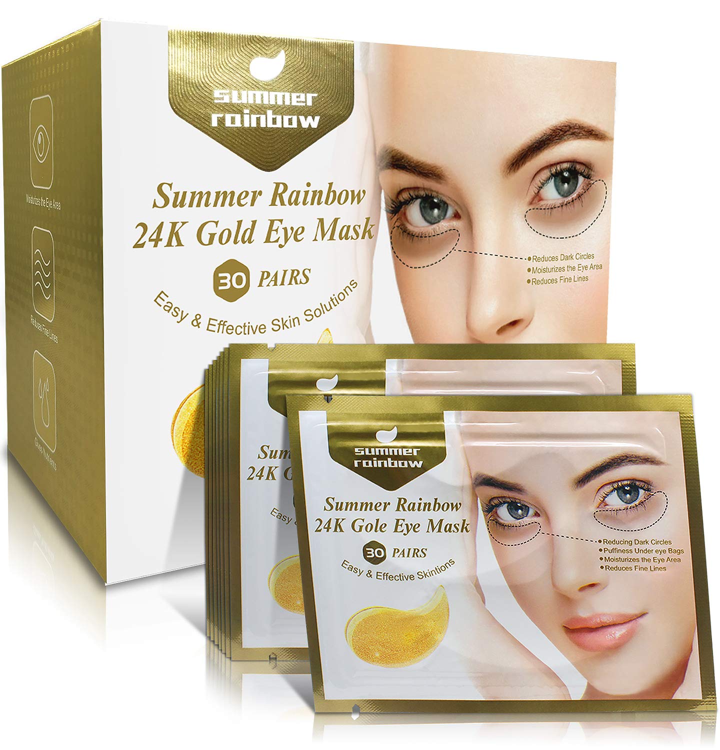 30 Pairs under eye patches, Summer Rainbow eye mask, Under Eye Bags Treatment, Dark Circles Under Eye Treatment, 24K Gold Eye Treatment Masks Anti-Aging for Reducing Dark Circles Puffiness Wrinkles.