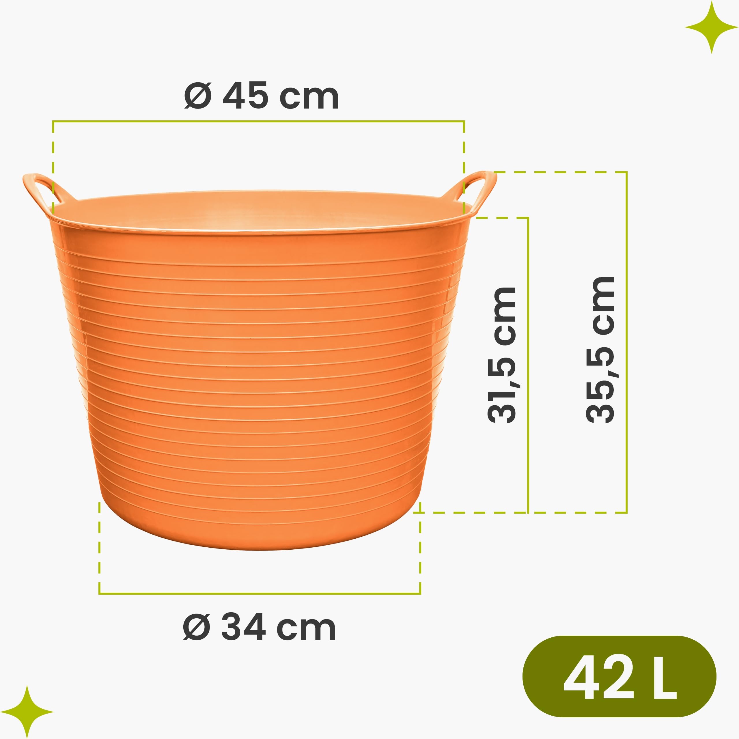 Garronda Lot de 4 seaux flexibles en polypropylène 42 L bacs universels usage maison jardin garage atelier coffre rangement transport poignées intégrées robustes GD-0184, Orange