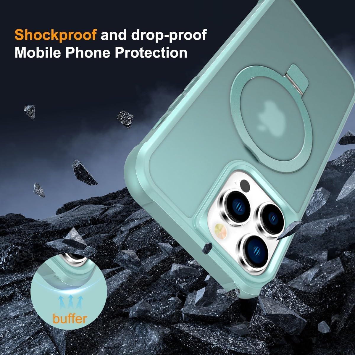 CHAOFEnG Magnetic Compatible with iPhone 13 Pro Case with Stand [Military Grade Drop Tested][Compatible with Magnet] Ring Translucent Slim Hard Back Soft Edge, Teal Green
