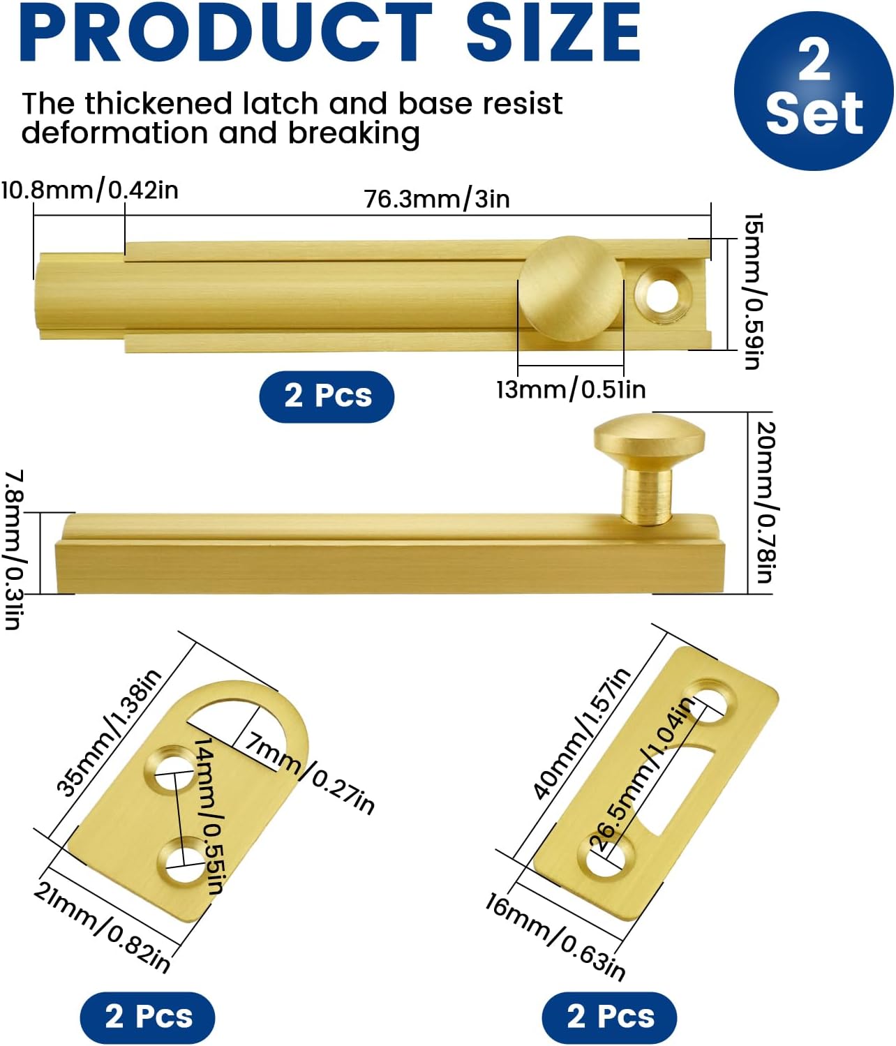 3 Inch Solid Brass Surface Bolt, 2 Sets Slide Surface Door Bolt, Heavy Duty Door Slide Bolt for Flush or Recessed Doors and Gates (Brushed Gold)