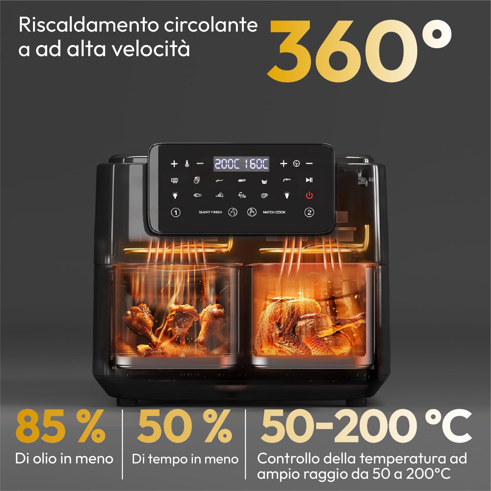 LLIVEKIT Friggitrice ad Aria a 2 Cestelli, Air Fryer da 9L, Friggitrice senza Olio con Display LED, Finestre Visibili, 10 Funzioni, Cottura e Finitura Sincronizzate, da 50-200oC, 2400W, Nero