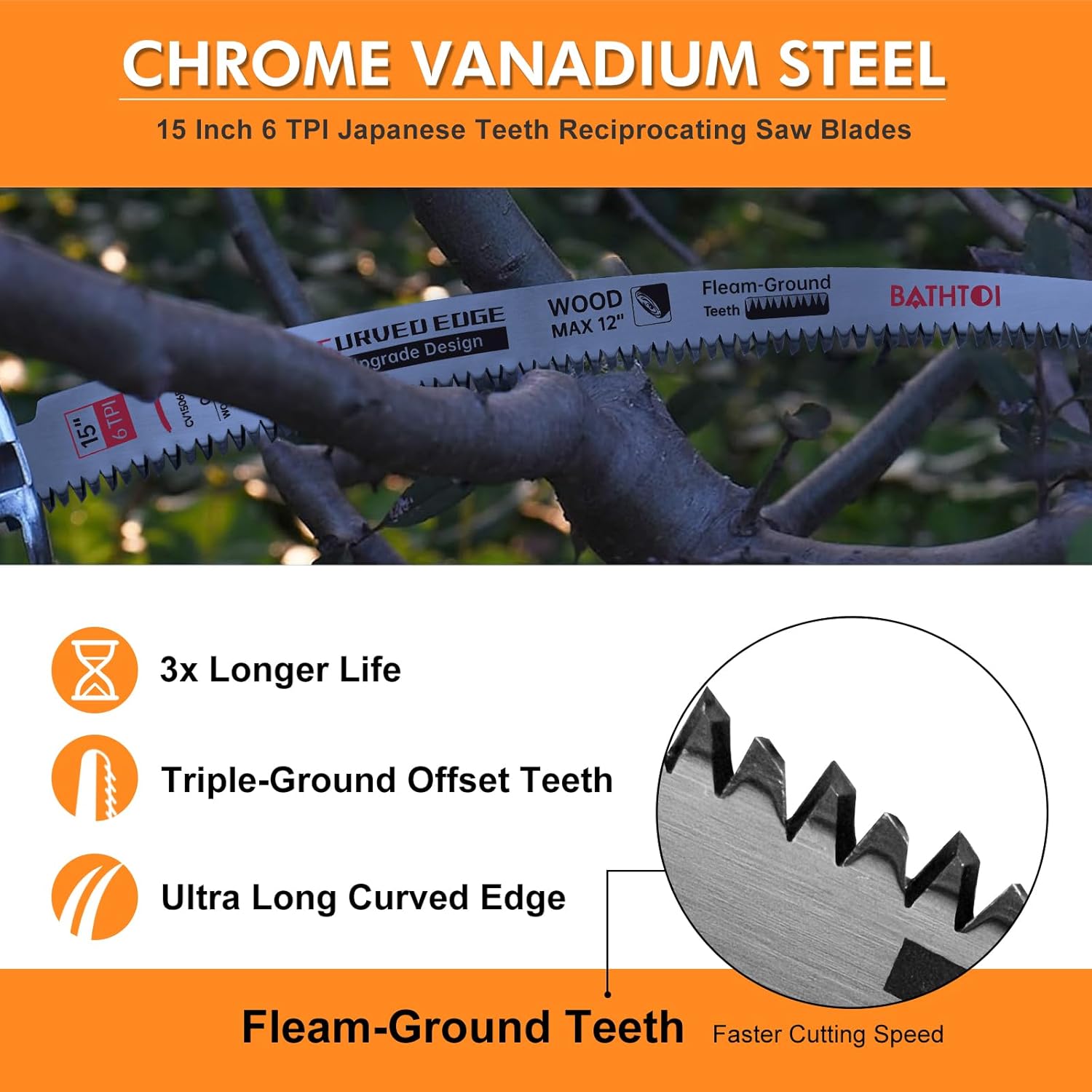 5 Pack 15 Inch 6 Tpi Japanese Teeth Reciprocating Saw Blades for Wood Cutting and Tree Trimming, Cr-V Sawzall Blades with Curved Edge and Fleam-Ground Teeth for Longer Life and Faster Cutting Speed