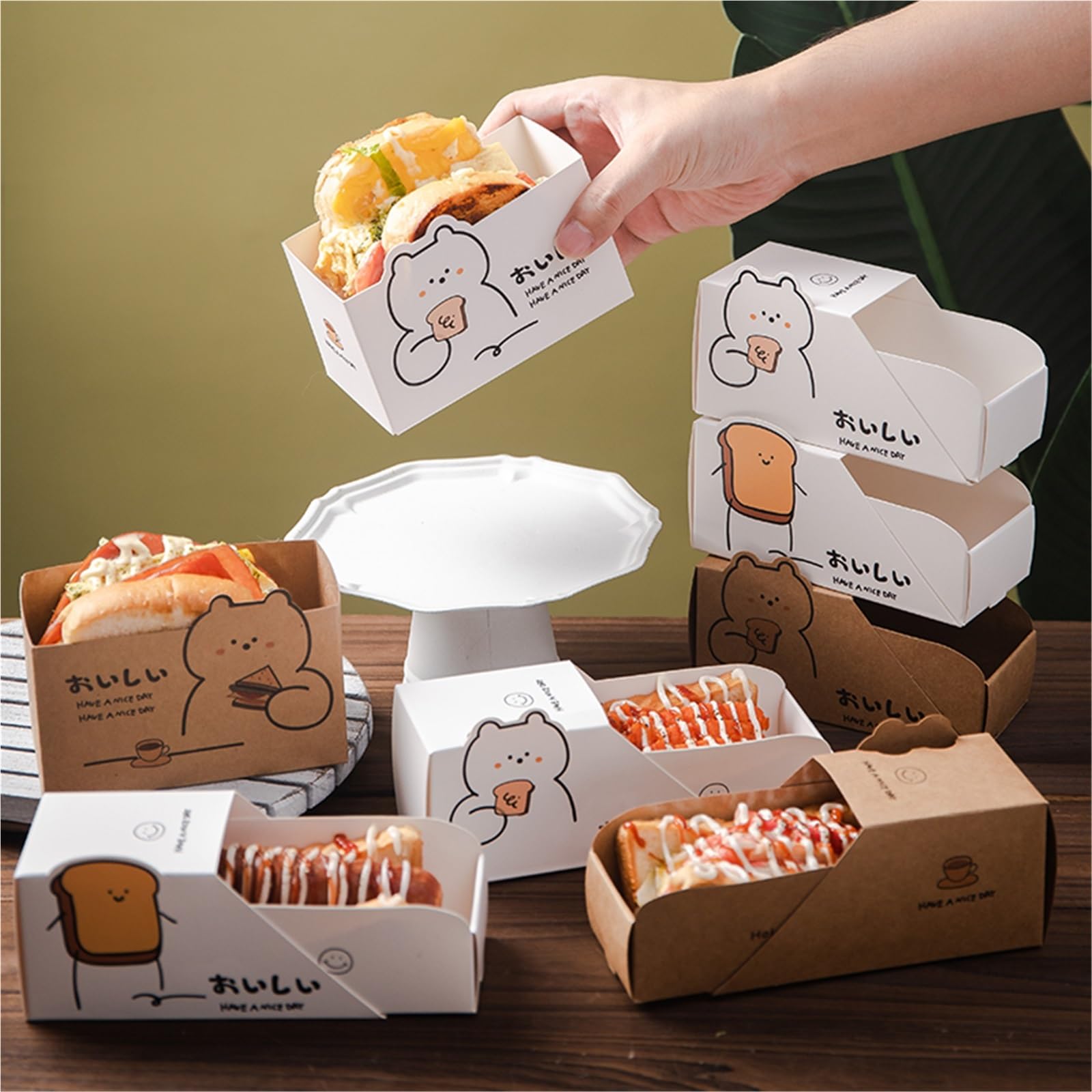 backpapier 100 stücke Cartoon Lebensmittel Verpackung Papier Box Deli Toast Brot Dickes Ei Sandwich Hamburger Frühstück Boxen(Color 02)