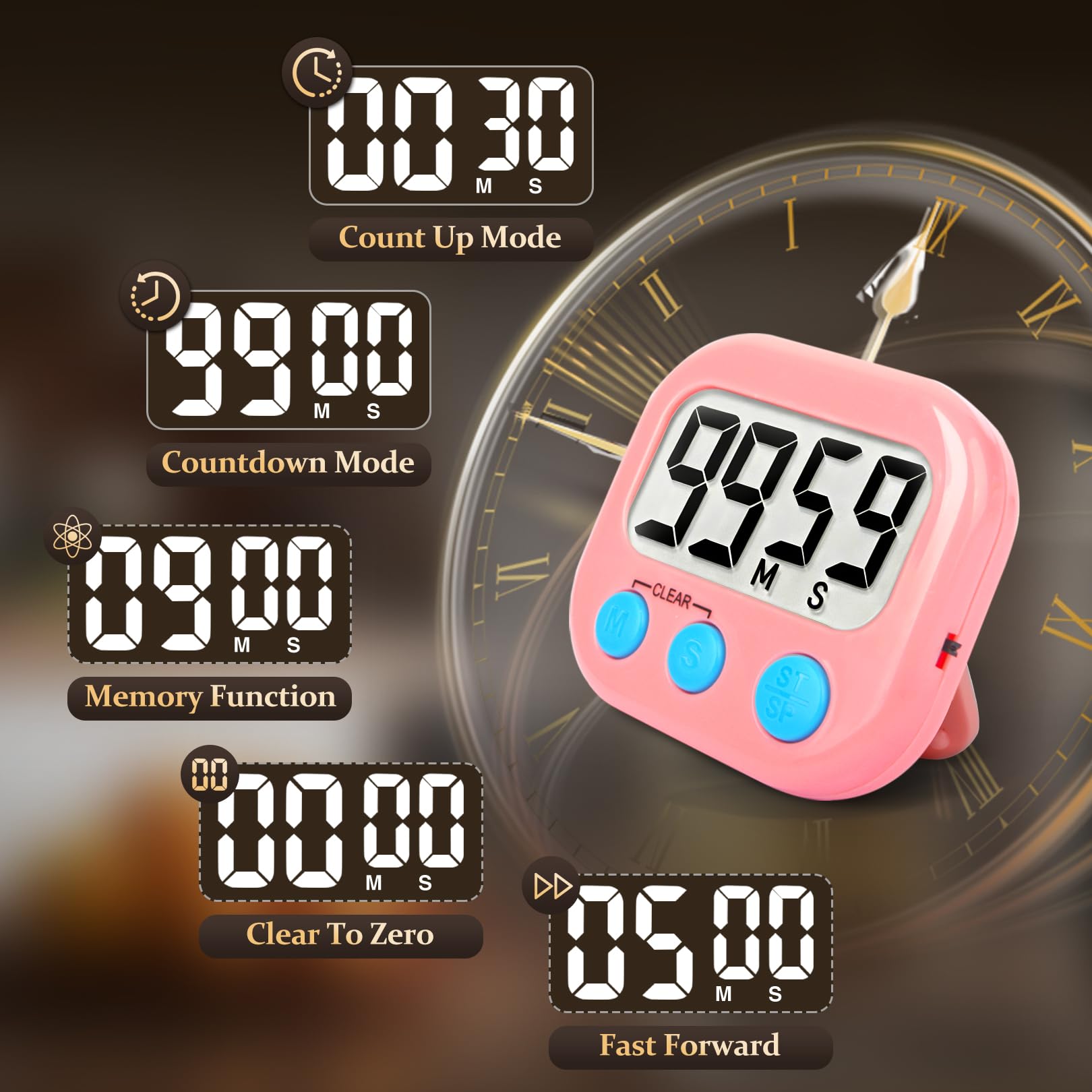 Paquete de 24 temporizadores digitales de cocina, pequeños temporizadores de aula para niños y profesores (azul y rosa)
