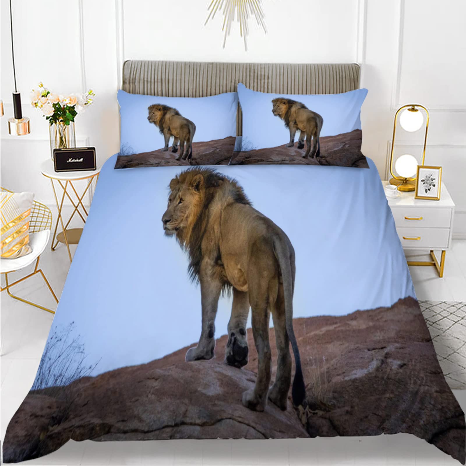 Housse couette ado lion bleu microfibre 110g/㎡ anti-plis pour lit 90x190