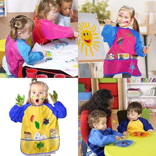 Miniatura 5 de Paquete de 2 delantales de arte impermeables, delantal de pintura de artista con 3 bolsillos para cocina, suministros de fiesta, manga larga