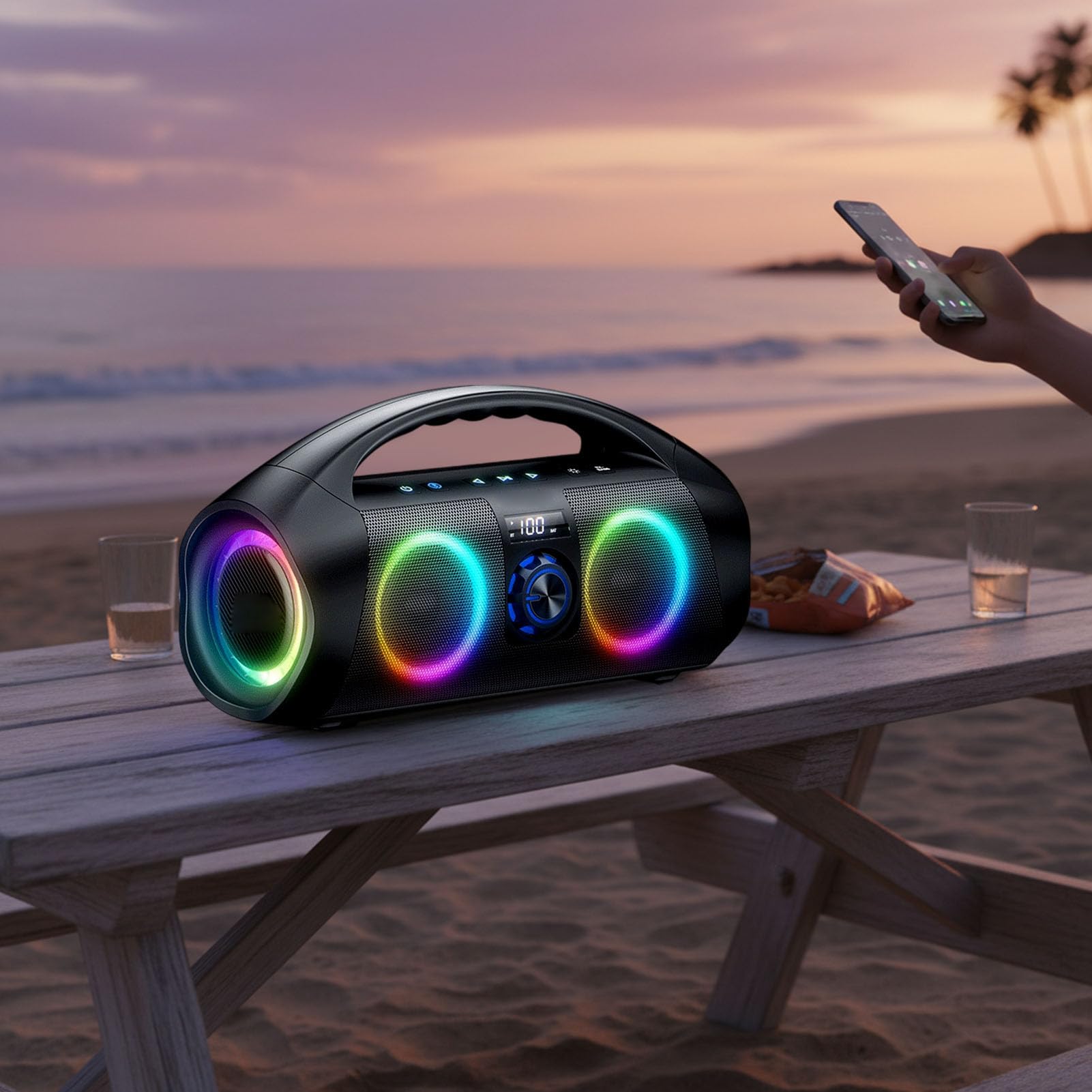 Altavoz de Fiesta Bluetooth con Luz RGB y Potencia de 120 W para Música Pesada con Graves, Ideal para Pop Moderno, Electrónica, Viajes por Carretera y Aventuras de Acampada