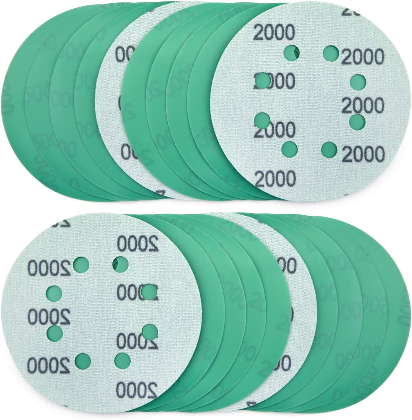 POLIWELL 5 Inch Sanding Discs 8 Holes 2000 Grit Wet Dry Film-Backed Green Line Hook and Loop Dustless Power Random Orbital Sander Paper, for Car Paint Wood or Metal Grinding and Polishing, 20 Pack - - 