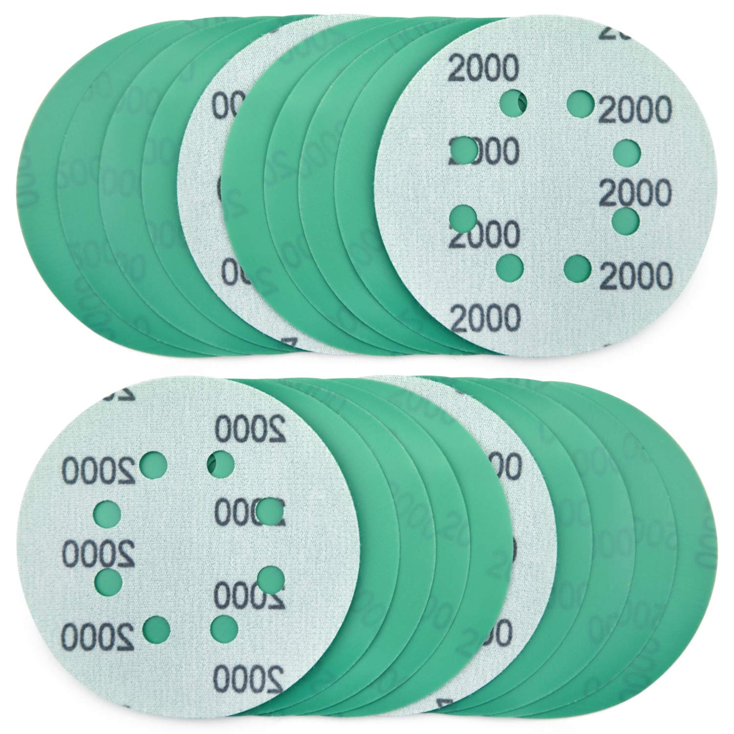 POLIWELL5 Inch Sanding Discs 8 Holes 2000 Grit Wet Dry Film-Backed Green Line Hook and Loop Dustless Power Random Orbital Sander Paper, for Car Paint Wood or Metal Grinding and Polishing, 20 Pack