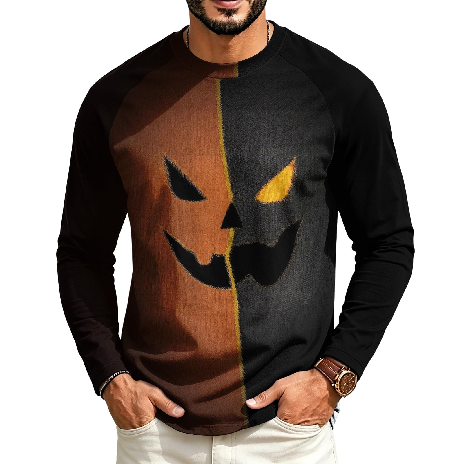 Halloween Crew Neck Shirts Costumes for Men Long Sleeve Fit Pumpkin Ghosts Print Casual Fashion Tops 2026,01-Saffron S — image 1