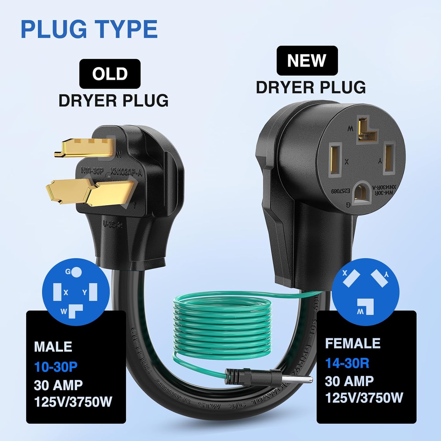 Nilight EV Dryer Adapter Cord 30 Amp to 30Amp 3 Prong 125V 3750 Watt Pure Copper Dryers Old Outlet New Plug Conversion Heavy Duty 10 Gauge Wires 10-30P to 14-30R 30M/30F