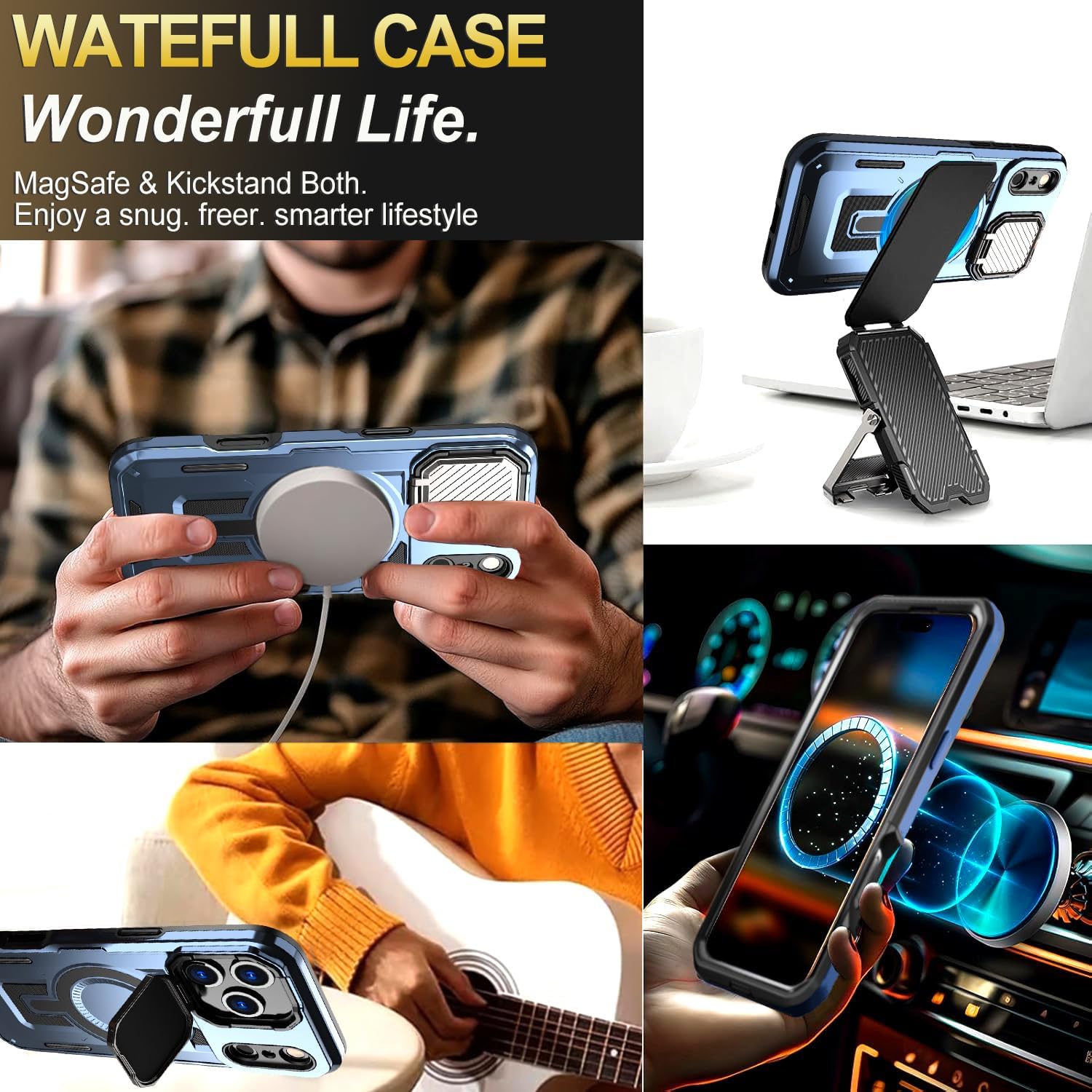 Case Compatible iPhone 17 Pro MagSafe Adjustable Metal Camera Cover Stand with 1 Screen Protector,[Military-Grade Protect] Rugged Heavy Duty Magnetic Men Case for iPhone 17 Pro 6.3" Blue image 3