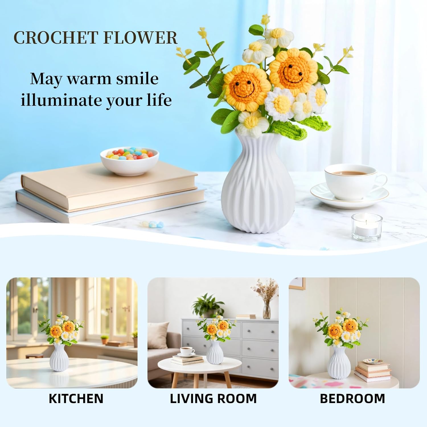 Crochet Flower Bouquet Handmade Knitted Sunflower Artificial Bouquet Positive Crocheted Sunflowers Bouquet with Exquisite Wrap for Valentine Mother's Day Graduation Anniversary（Blue）