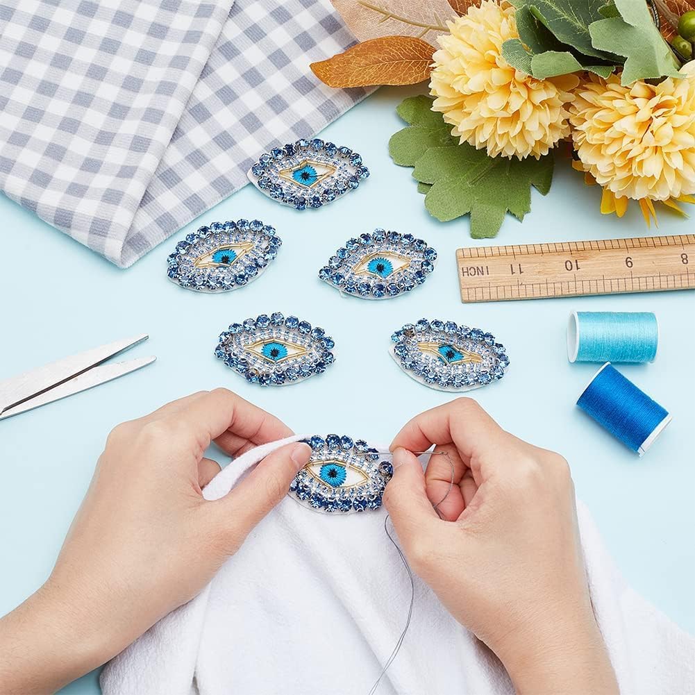 FINGERINSPIRE 6 PCS Egypt Evil Eye Patch 1.4x2 inch Blue Gold Glass Rhinestone Applique Patch Eye Shape Exquisite Embroidered Sew On Patches with Felt Back for Clothing Backpacks Embellishment