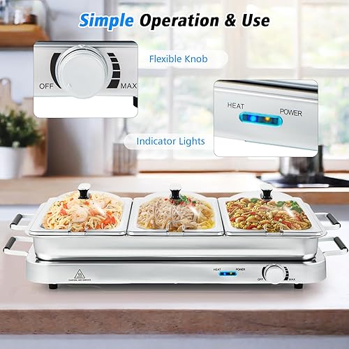 Miniatura 4 de ARLIME Calentador de alimentos triple para servidor, bandeja de calentamiento eléctrico de acero inoxidable de 450 W, temperatura ajustable, tapas