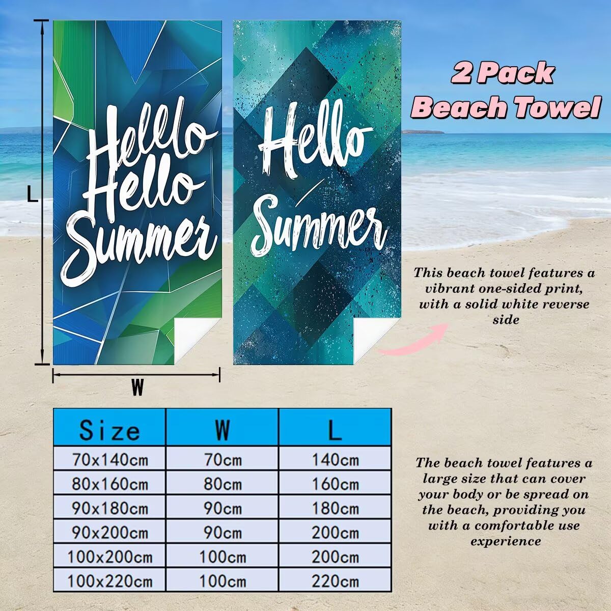 Ręcznik plażowy XXL, 90 x 180 cm, zestaw 2 szt., z mikrofibry, ręcznik plażowy, letni, szybkoschnący, do sauny, fitness, bez piasku, ręcznik plażowy, do sauny, duży ręcznik kąpielowy, prezent dla