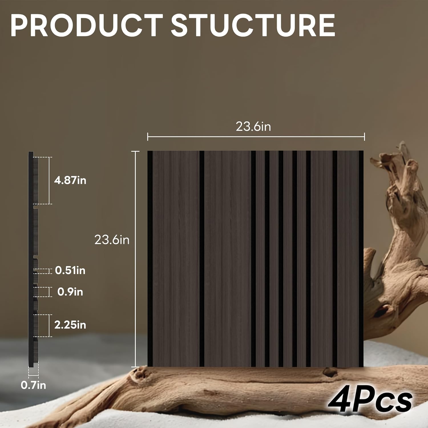 Wall Panels-4-Pack Wood 3D Wall Panels for Wall Decor,High Grille Soundproof Slat Acoustic Panels For Living Room,TV Background,Bedroom,Kitchen,Office,Cinema (23.6 X 23.6,Black)