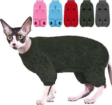 Sphynx Hairless Cat Sweater, Full Body Warm Fleece Sweaters with Sleeves for Cats, Soft Turtleneck Cat Clothes, Cozy Pullover Pajamas for Hairless Cats Devon, Donskoy, Army Green M