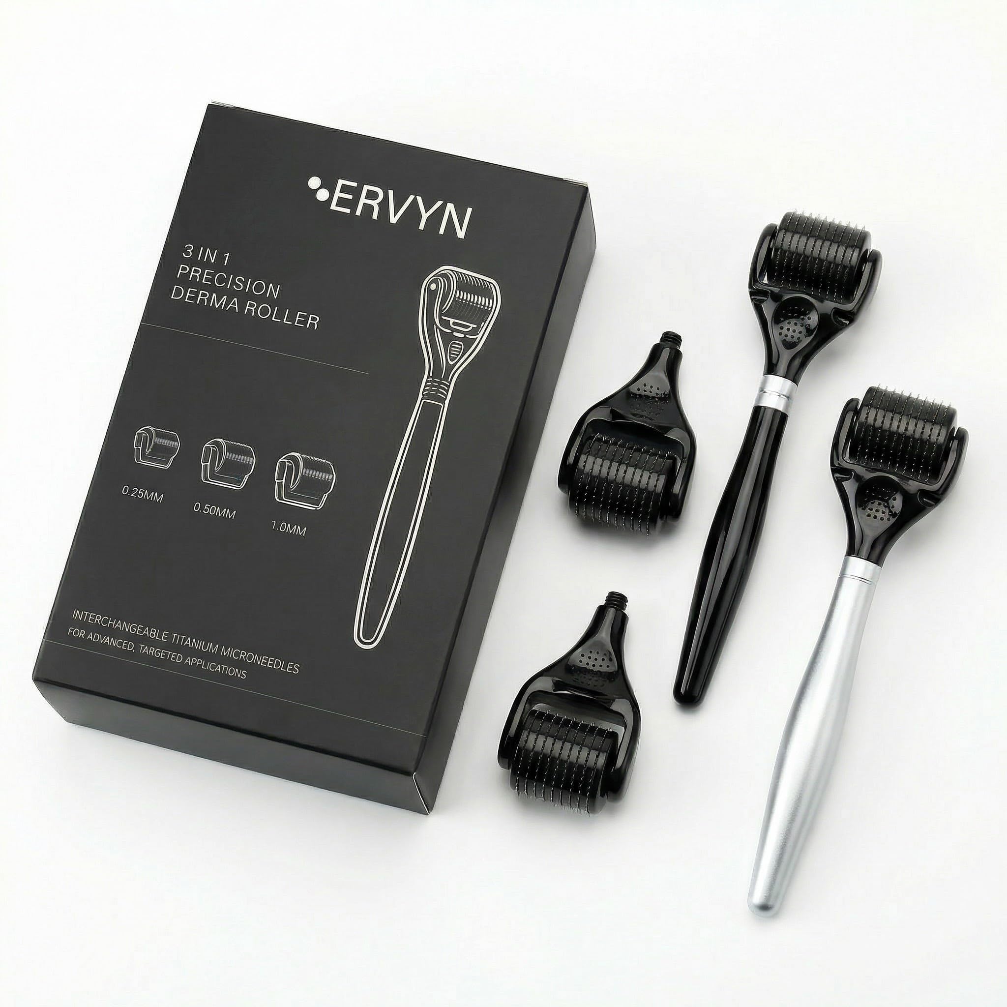 ERVYN 3-in-1 Titanium Derma Roller Kit with Ergonomic Plastic Handle – 0.25mm, 0.5mm & 1.0mm Microneedling Roller for Face, Beard & Hair Growth – Includes Alcohol Pads & Cleaning Brush