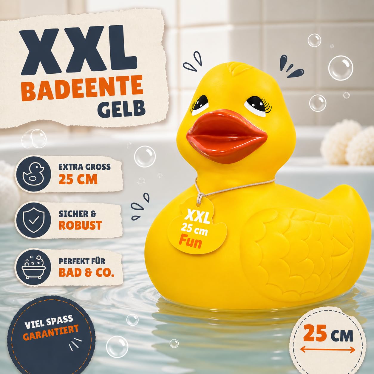 MIJOMA Anatra di gomma gigante da bagno | Compagno di giochi acquatici perfetto per bambini e adulti | Materiale di alta qualità e durevole | Versione XXL con altezza di 25 cm (giallo)