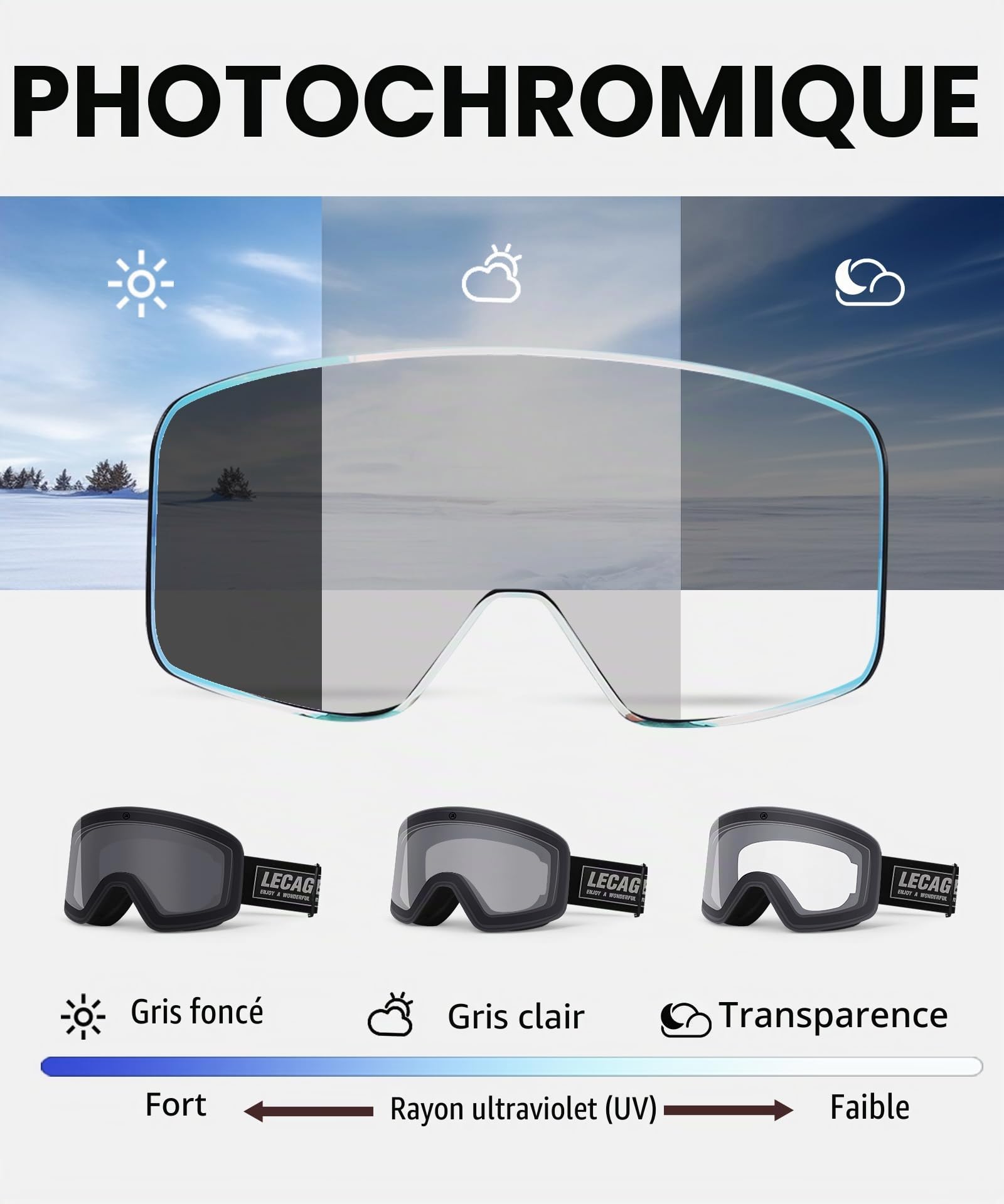Masque de Ski Photochromique Anti-Brouillard UV400, Vision Large Sans Cadre Lunettes de Ski Homme Femme Adapté à Ski/Snowboard, OTG Compatible avec le casque, Parfait pour Sports Hiver