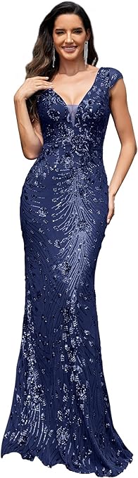 Womens Sequined Long Evening Gown Glamous Sleeveless V-Neck Mermaid Prom Dress for Wedding Party Club Occasions
