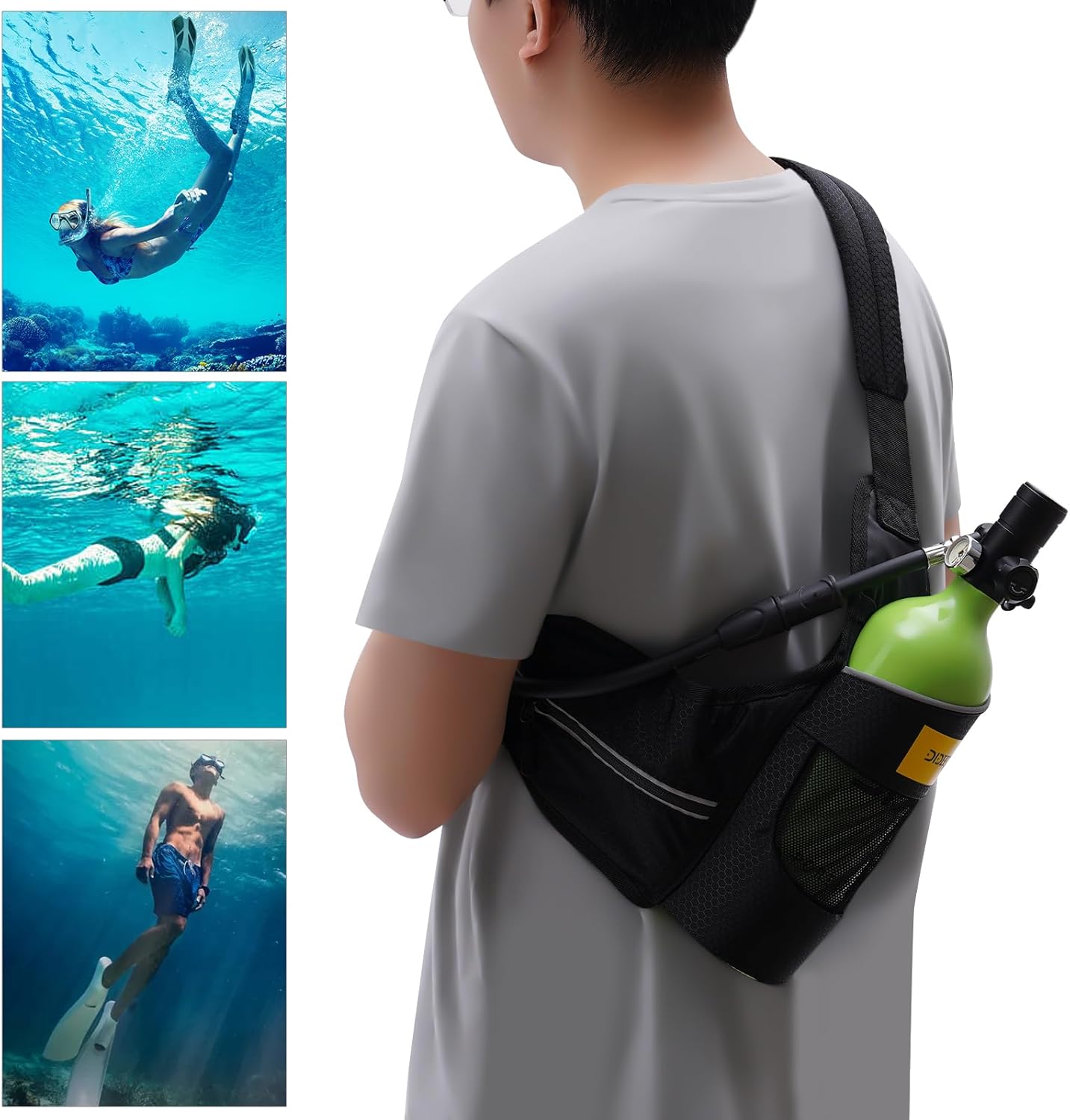Scuba Tank Diving Gear for Diver, 1L Mini Scuba Tank Small Diving Oxygen Cylinder up to 20 Minutes Dive Time, Portable Emergency Backup Diving Tank Kit for Underwater Exploration Rescue Pony Bottle